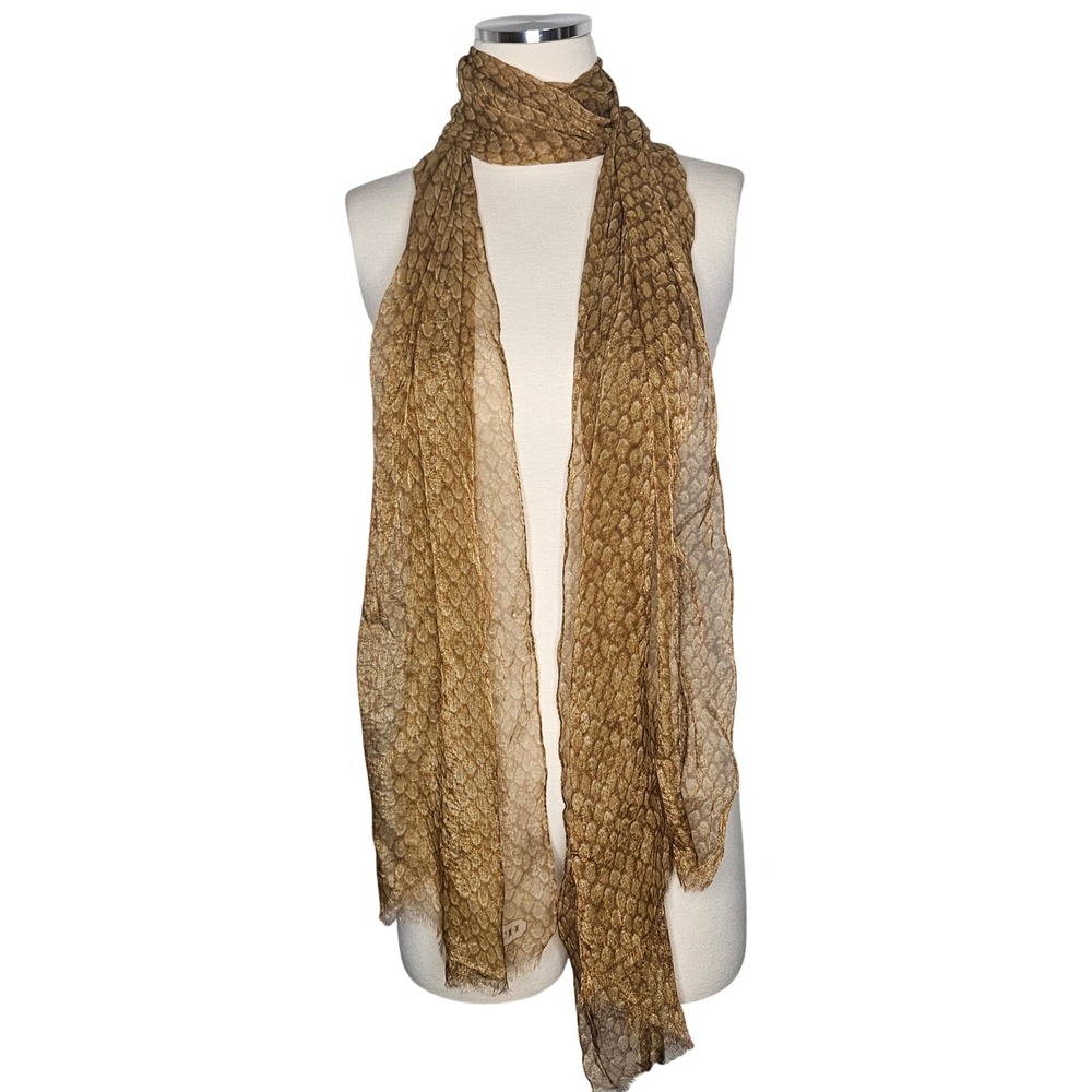 Coach Women Gold Metallic Snakeskin Print Scarf Long Rectangle Eyelash Fringe